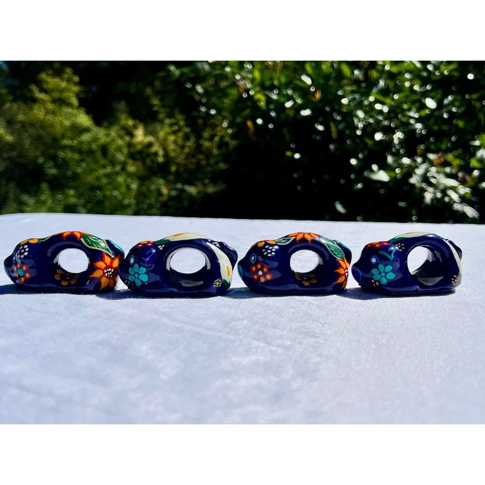 Talavera Pig Napkin Rings Set of 4 Hand Painted Mexican Pottery Floral Blue